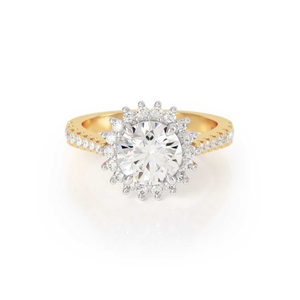 
                  
                    Asteri Diamond Halo Ring in 18k Yellow Gold and Platinum with 1.5ct centre round brilliant - Avila Vara
                  
                