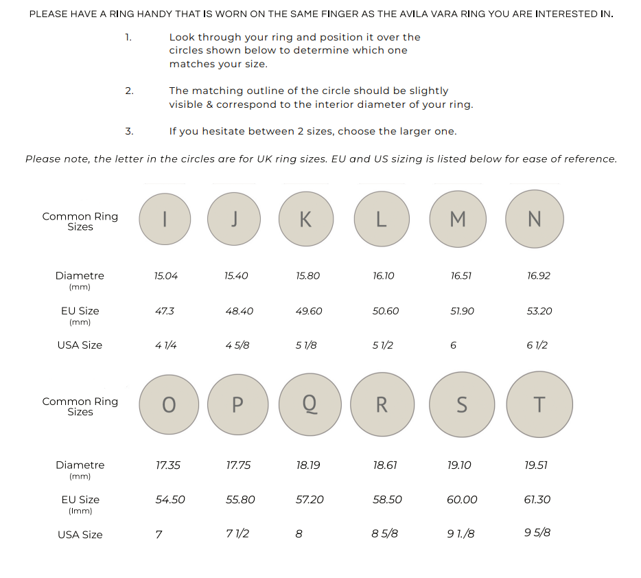 Find your ring size - Avila Vara