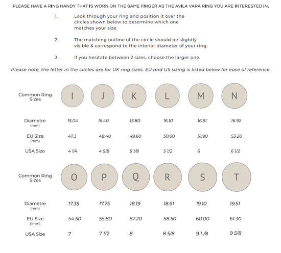 Find your ring size - Avila Vara